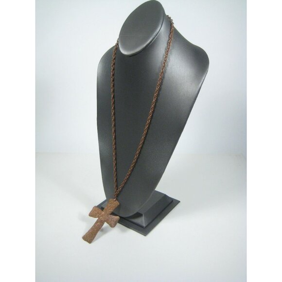 Handmade Copper Cross Pendant Necklace Floral Design Hammered CVG 30 inch Vintag - Picture 12 of 16